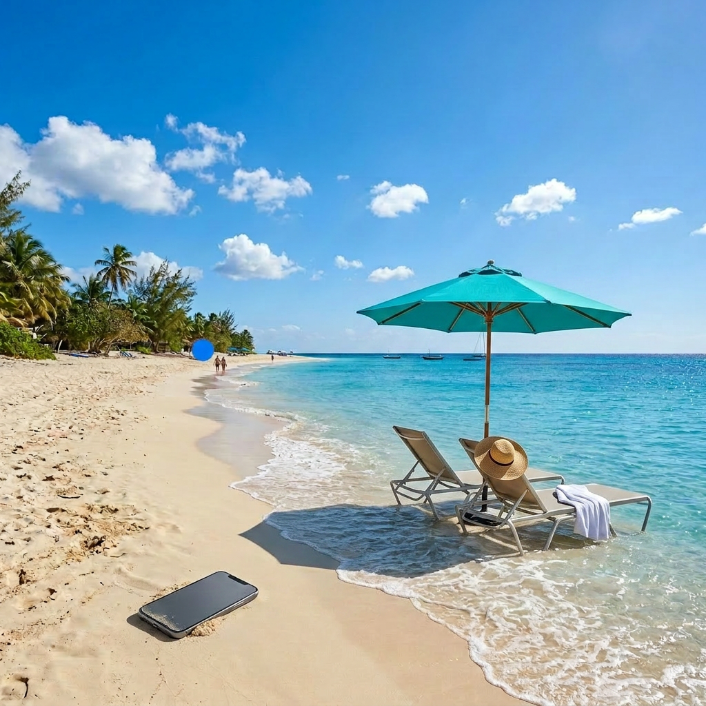 Sandy beach with palm trees, calm turquoise ocean, and boats on horizon